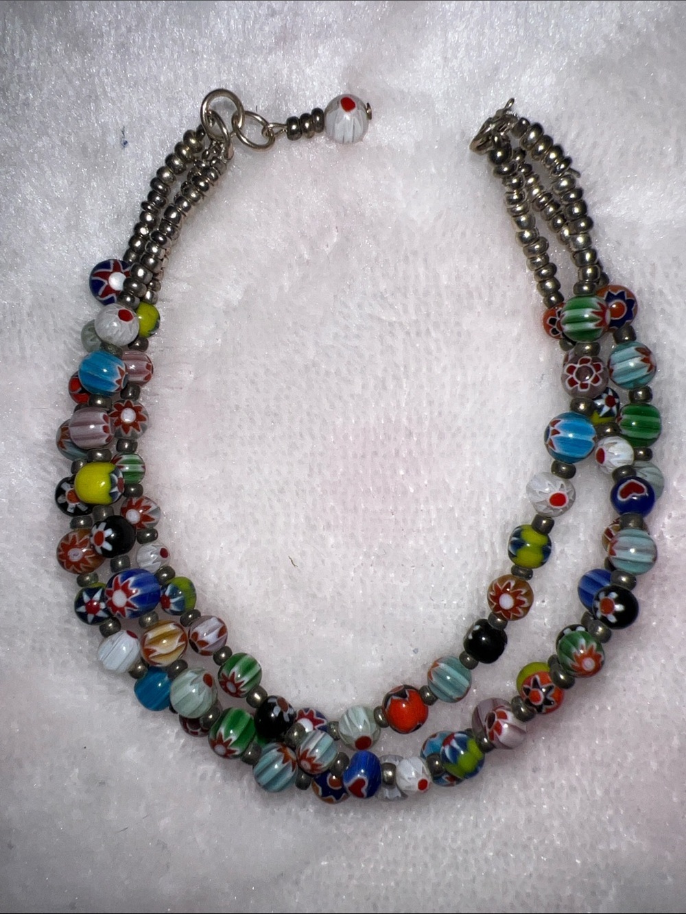 Vintage Venetian Millefiori Glass Bead 3-Strand Bracelet 925 Sterling Clasp